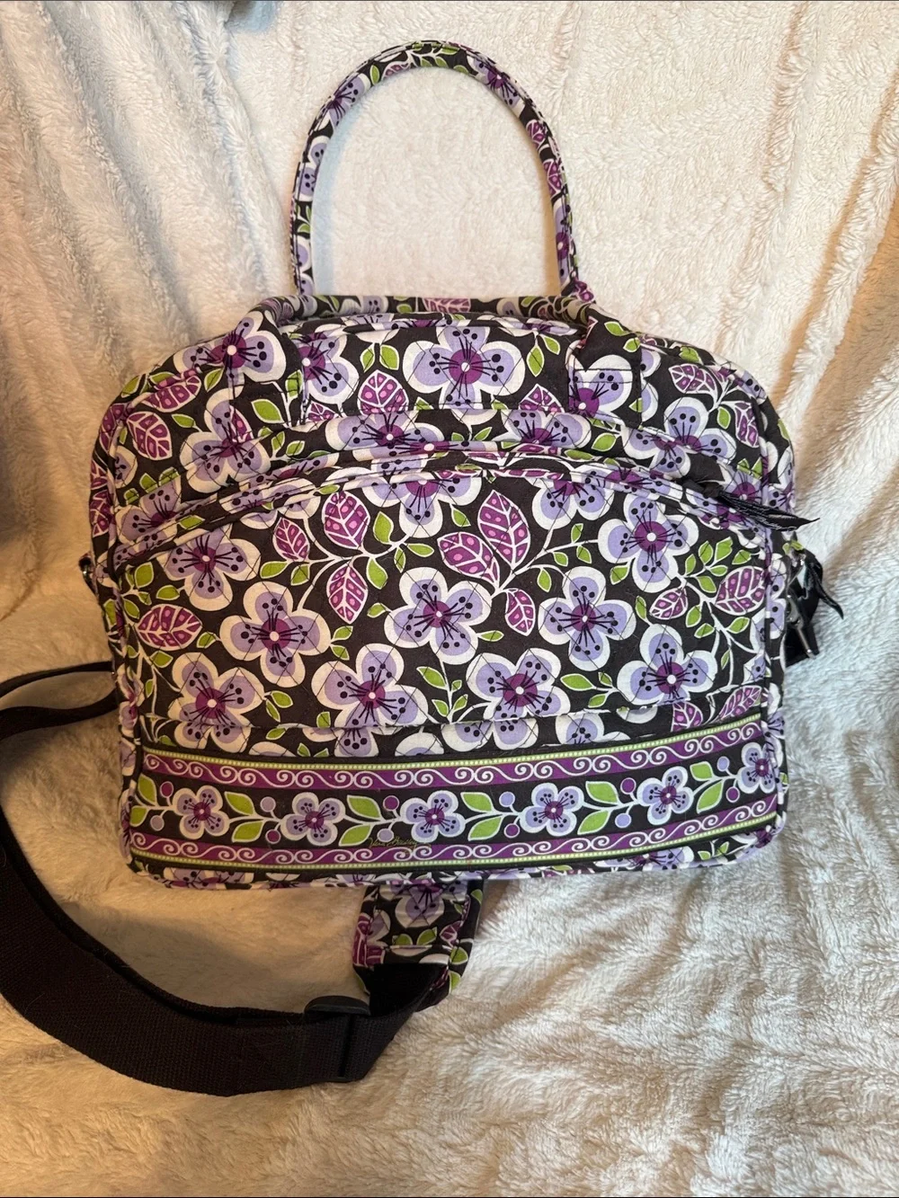 Vera Bradley Plum Crazy Quilted Floral Laptop Travel Bag Purple Green Messenger